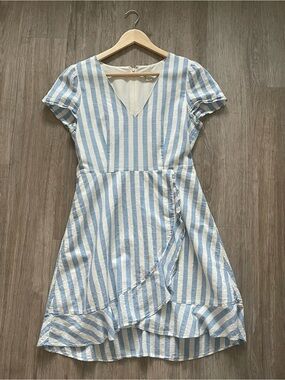 J.Crew Blue White Stripe Cotton Ruffle Wrap Dress Size 6